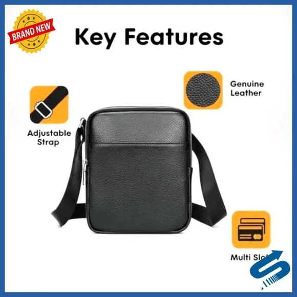 Genuine Leather Small Messenger Bag with Multiple Zipper Pockets